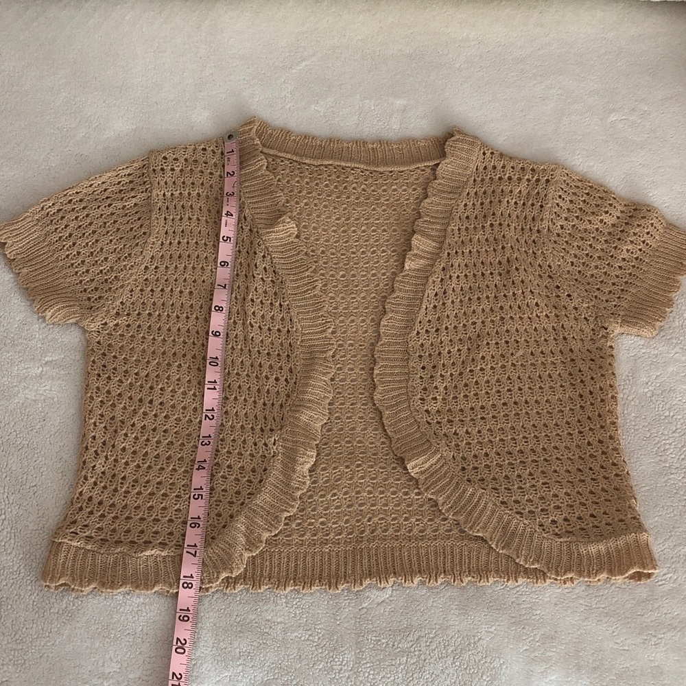Beige Openwork Short-Sleeve Shrug - Women's Sweater - Picture 6 of 11